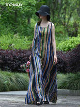 TIYIHAILEY Free Shipping A-line Cotton Linen Long Maxi Dress Women Sleeveless Loose Dress O-neck Spring Summer Striped Dresses 2024 - buy cheap