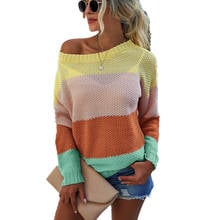 Женский зимний свитер в полоску, с длинным рукавом и круглым вырезом 2024 - купить недорого