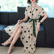 Soft Silk Maxi Long Beach Dress Women Summer Lines Polka Dot Elegant Dress With Bowtie Sashes V Neck Slim Fit Plus Size Vestidos 2024 - buy cheap