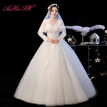 AnXin SH-vestido de novia de encaje blanco de princesa, vintage, cuello de pico, manga larga, de bola, blanco 2024 - compra barato
