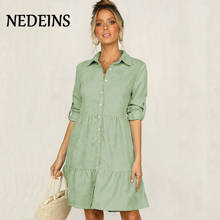 NEDEINS Women Shirt Lapel Solid Color Dress 2020 Summer Elegant Half Sleeve Chic Button Dress Fashion Slim Knee-length Dress 2024 - buy cheap