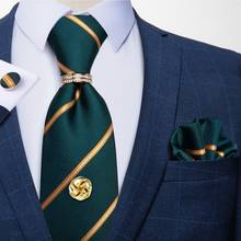 Corbatas verdes a rayas doradas de 8cm para hombre, corbata de seda de lujo, pañuelo, gemelos, tachuela, anillo de corbata dorada, regalo para hombre, DiBanGu 2024 - compra barato