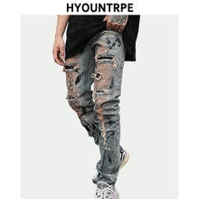 Bottom Zipper Destroyed Jeans Skinny Jeans Ripped Slim Men Biker Jeans Fashion Graffiti Printed Streetwear Hip Hop Pants Joggers 2024 - buy cheap