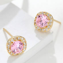 14k gold color square pink crystal zircon diamonds gemstones stud earrings for women jewelry bijoux fashion brincos accessories 2024 - buy cheap