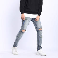 Winter Stylish Grey Ripped Jeans For Mens Skinny Denim Trousers Hip Hop Streetwear Stretch Baggy Jeans Kanye West Large Size 2024 - buy cheap