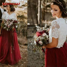 Vestido De Novia 2022 Burgundy Tulle Country Boho Wedding Dress A-Line Short Sleeves Lace Two Pieces Bridal Gown Online Shop 2024 - buy cheap