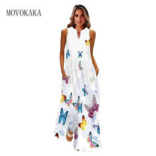 Movokaka borboleta impressão vestido longo 2021 sem mangas casual praia vestidos femininos vestido de verão do vintage meninas maxi vestidos para mulher 2024 - compre barato