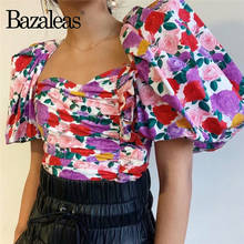 Bazaleas Chic Floral Print ropa mujer Fashion Puff Sleeve blouse women harajuku Side Ruffles shirt Vintage Backless Tie Blouse 2024 - buy cheap