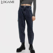 LOGAMI High Waist Women Streetwear Pleated Mom Jeans Woman Loose Pockets Jeans Boyfriend Pants Casual Ladies Denim Trousers 2024 - buy cheap