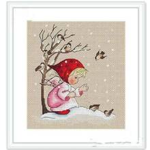 Clear stock Little girl feeding birds cross stitch kit cartoon girl in winter design 14ct 11ct linen flaxen canvas embroidery 2024 - buy cheap