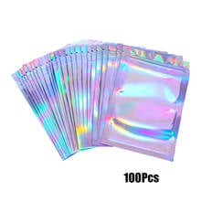 Sacos de armazenamento com zíper, saco de cosméticos com zíper plano, laser holográfico transparente de um lado, mini película de alumínio com zíper e espesso, 100 peças 2024 - compre barato