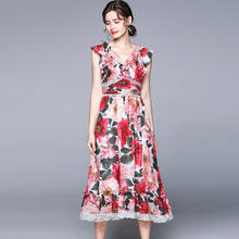 Menahem 2021 летнее женское шифоновое платье с оборками без рукавов с V-образным вырезом с высокой талией кружевные с цветочным принтом пляжные платья миди Vestidos 2024 - купить недорого