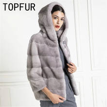 TOPFUR-Chaqueta de piel auténtica con capucha para mujer, abrigo de invierno, color gris, talla grande 2024 - compra barato