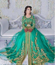 Green Muslim Evening Dresses A-line Long Sleeves Tulle Appliques Beaded Moroccan Kaftan Dubai Saudi Arabia Long Prom Dress Gown 2024 - buy cheap