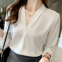Осенняя женская шифоновая белая блузка с V-образным вырезом, рубашка, женские топы, блузка с длинным рукавом, женские блузки, Женская мода 2021,... 2024 - купить недорого