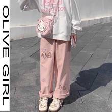 Calça de moletom feminina cintura alta lisa estampa coelho rosa coreano bonito calças de suor calças largas adolescentes 2024 - compre barato