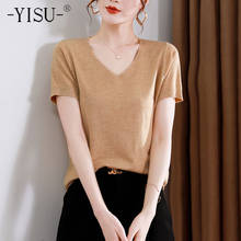 YISU New Women Simple summer Thin section Wool Sweater V-Neck Female Casual Jumper Solid color Short sleeve Knitted Pullover 2024 - buy cheap