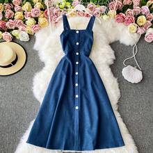 Spring Autumn Women Long Sundress Suspenders Square collar Corduroy Vintage Female Vestidos Casual Loose Dresses Vestidos 2024 - buy cheap