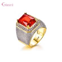 Luxury Fashion 925 Sterling Silver Large Red Rhinestone Ring Puffed Bling Cubic Zircon Hiphop Rock Jewelry Gift 2024 - buy cheap