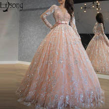 Кружевное бальное платье, с блестками, розового цвета, с длинным рукавом 2024 - купить недорого