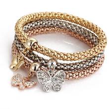 3 pçs cristal elástico coruja coroa de metal charme pulseiras pulseiras rosa cor de ouro elefante coração pingente de strass pulseira feminina 2024 - compre barato