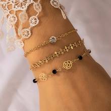 HuaTang 3pcs Bohemian Crystal Flower Charms Bracelet Set for Women Black Bead Adjustable Chains Female Cuff Jewelry Pulseras 2024 - buy cheap