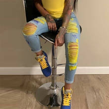 Fashion Ripped Jeans For Women Yellow Scratch Denim Trousers High Waisted Skinny Pencil Pants Hollow out Sexy Female Jean Mujer 2024 - buy cheap