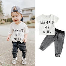 0-3Y Toddler Kids Boys Girls Summer Outfits Letters Print Short Sleeve T-Shirts Tops+Elastic Waist Washed Jeans 2Pcs Tracksuits 2024 - buy cheap