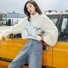 Camisa feminina curta gola alta, pulôver japonês folgado de lã 2024 - compre barato