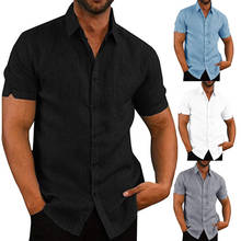 Blusa de linho masculina manga curta botões baggy verão sólido confortável puro algodão e linho casual solto férias camisas camisetas 2024 - compre barato
