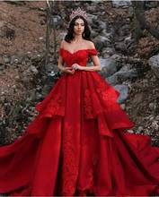 Dubai Red Wedding Dresses A Line Tiered Skirts Off The Shoulder Ruffles Lace Applqiues Sweep Train Bridal Gown Vestido De Novia 2024 - buy cheap