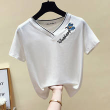 Camiseta engraçada com bordado, camiseta feminina casual verão de algodão branca, de manga curta, tops coreanos, de harajuku regular 2024 - compre barato