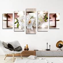 Модульная картина с красивыми белыми цветами лилии, постер с HD печатью, 5 панелей, домашний декор, холщовые картины для декора интерьера комнаты 2024 - купить недорого