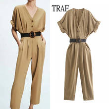 TRAF Jumpsuit Women  2021 Summer Fashion With Belt Loose Jumpsuit Office Woman Clothes Vintage V Neck Buttons Casual Chic Top 2024 - buy cheap