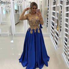 Vestidos de noite de manga longa formales elegante a linha apliques de ouro renda frisada cetim azul real formal vestidos de baile 2024 - compre barato