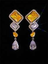 925 Needles Drop Earrings For Women Vintage Yellow Square Water Drop Cubic Zirconia Long Earring Temperament Fine Jewelry 2024 - buy cheap