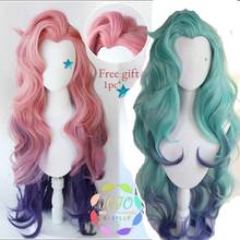 LOL Seraphine Cosplay Wig Pink Blue Purple Gradient Wavy Long Synthetic Hair Halloween Party + Free Star Tattoo +Wig cap 2024 - buy cheap