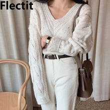 Flectit Women V-Neck Sweater Jumper Chunky Long Sleeve Cozy Pullover Cable Knit Top Autumn Winter Chic Outfit * 2024 - buy cheap