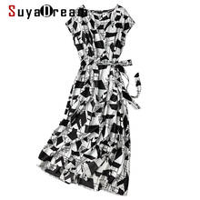Suyadream vestido longo feminino, 19mm cetim de seda estampado manga curta faixas vestidos elegantes primavera verão 2021 2024 - compre barato