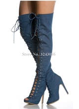 New Lace-up Denim Long Boots Woman Peep Toe Stiletto Heels Over the Knee Jeans Boots Lady Large Size Platform Banquet Shoes 2024 - buy cheap