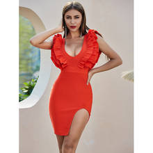 High Quality New Red Women Summer Bandage Dress Sexy V Neck Split Mini Bodycon Dress Vintage Vestios Bandagem Party Dress 2024 - buy cheap