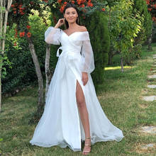 Vestidos de novia de manga larga con hombros descubiertos, ropa de boda de Organza blanca Simple y moderna con abertura lateral para novia, asequible, 2021 2024 - compra barato