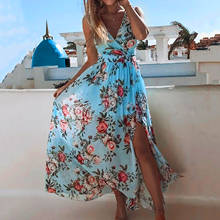 Women Boho Dress Blue Floral Printed Long Maxi Dress Deep V-neck Summer Beach Evening Party Sundress Sleeveless Dresses Vestidos 2024 - buy cheap