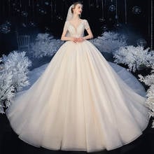 Deep V-neck Lace Up Back Short Sleeve Sparkly Beading Crystal Body Shiny Princess Ball Gown Wedding Dresses With Chapel Train 2024 - buy cheap