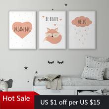 Be Brave Fox Dream Big Hello Children's Room Poster Baby Room Child Wall Art Canvas Print Nursery Decor Woodland Animal Picture 2024 - buy cheap