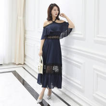 L-5XL Plus Size Korean Chiffon Dress Ladies Off-shoulder Long Evening Party Dress Women Corset Blue Chiffon Dress Korean Jurken 2024 - buy cheap