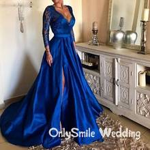 Royal Blue Plus Size Evening Dresses V Neck Lace Appliques Long Sleeve Front Split Formal Evening Dresses Party Gowns 2024 - buy cheap