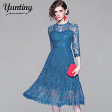 Fashion Designer Runway Dress 2020 Autumn Elegant Women's Casual Bule Lace Dresses 2024 - buy cheap