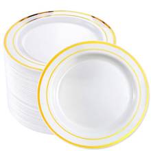 Одноразовые пластиковые тарелки для салата/десерта с золотым ободом, 50 шт., идеально подходят для свадеб и вечеринок 2024 - купить недорого