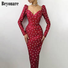 Beyouare natal elegante vestido feminino manga longa decote em v magro clube festa meados de bezerro lápis vestidos polka dot puff manga 2021 2024 - compre barato